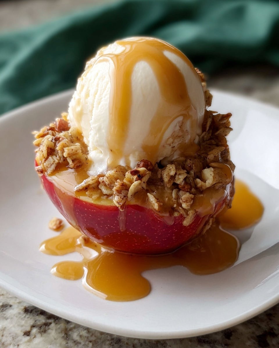 A halved red apple sits on a white plate with a white marbled texture background, topped with a golden-brown crunchy oatmeal and nut mixture layer in the center. Over the baked filling, there is a smooth white scoop of vanilla ice cream with a soft texture. Amber caramel sauce is drizzled over the ice cream and apple, with some sauce pooling on the plate around the apple, creating a shiny and sticky look. In the background, a soft green cloth adds a pop of color. Photo taken with an iphone --ar 4:5 --v 7