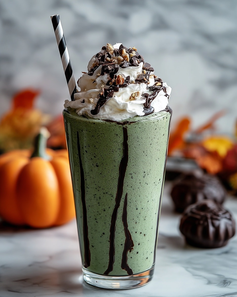 A tall clear glass filled with a thick, green smoothie that has dark green flecks and vertical streaks of dark syrup on the inside of the glass. On top is a generous swirl of white whipped cream, drizzled with dark chocolate syrup and sprinkled with small pieces of chocolate shavings and nuts. A black and white striped paper straw stands upright in the glass. The glass sits on a white marbled surface with blurred autumn-themed decorations, including an orange pumpkin and small dark chocolate pumpkins, in the background. photo taken with an iphone --ar 4:5 --v 7