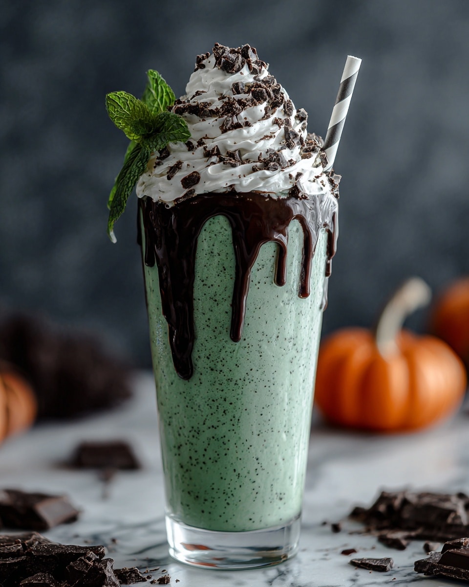 A tall clear glass filled with a thick, speckled green mint milkshake forms the main layer, with dark chocolate syrup dripping down the inside top edge of the glass. On top, there is a large swirl of white whipped cream covered with small crushed dark chocolate pieces. A fresh green mint leaf garnishes the whipped cream, and a white and black striped paper straw is placed on the right side of the glass. The glass is set on a white marbled surface with dark chocolate pieces scattered around, and a blurred small orange pumpkin in the background. photo taken with an iphone --ar 4:5 --v 7