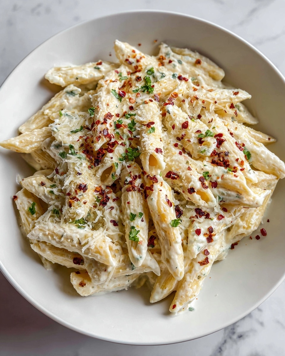 A white plate filled with creamy penne pasta, layered evenly with a smooth, white cheese sauce covering each piece. The pasta is topped with a light sprinkle of finely grated cheese, small green herb leaves scattered throughout, and some crushed red pepper flakes adding specks of red. The dish has a slightly glossy texture from the sauce and a rough, grainy detail from the cheese and spices on top, all resting on a white marbled background. photo taken with an iphone --ar 4:5 --v 7