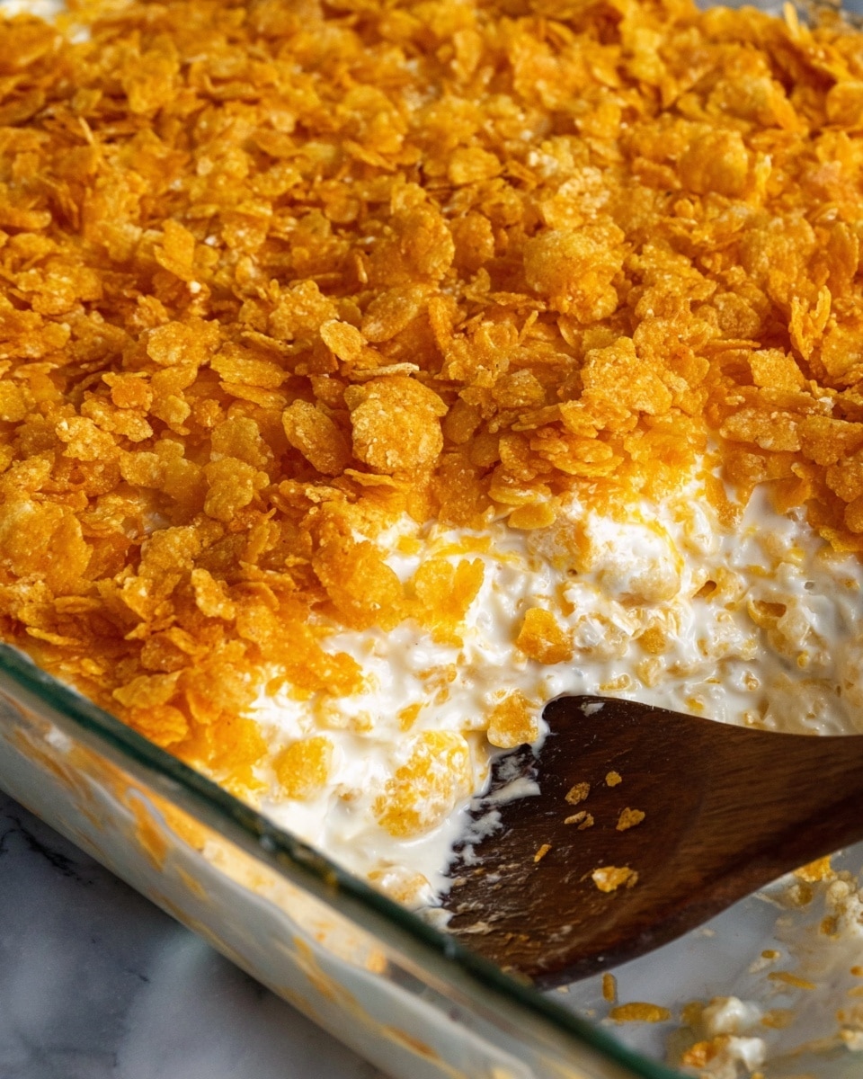 A close-up of a creamy casserole dish in a clear baking dish with a golden crunchy topping. The top layer is made of crushed golden cornflakes that cover the entire surface, giving a crunchy texture. Below the topping is a thick white creamy layer, smooth but with small visible chunks, likely potato or onion. Part of the casserole is scooped out on one side with a dark brown wooden spoon resting in the dish. The background is a white marbled texture. Photo taken with an iphone --ar 4:5 --v 7