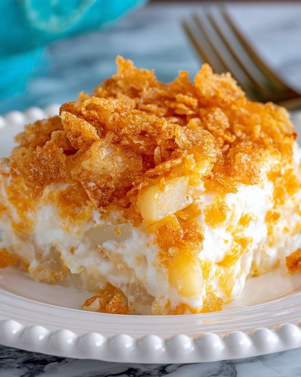 A close-up of a dish on a white plate with a raised beaded edge, showing a chunky, creamy casserole with three visible layers: the bottom layer has white, soft, diced potatoes; the middle layer is a smooth, thick, white sauce covering the potatoes; and the top layer is a golden-orange crispy crumb topping that appears crunchy and unevenly spread. The background is a white marbled texture with a blurred fork to the right and a hint of blue behind. photo taken with an iphone --ar 4:5 --v 7