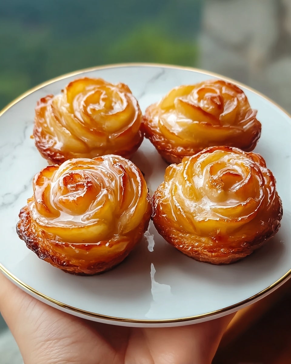 Four rose-shaped apple pastries with golden-brown, caramelized edges sit closely on a white plate with a thin gold rim. Each pastry has multiple thin layers of translucent apple slices arranged in a spiral to form delicate petals, with a glossy, shiny glaze coating the top. The base is a slightly thicker, textured crust with a warm, baked color showing through. A woman's hand holds the plate gently from the sides against a blurred background. The entire scene rests on a white marbled texture. photo taken with an iphone --ar 4:5 --v 7