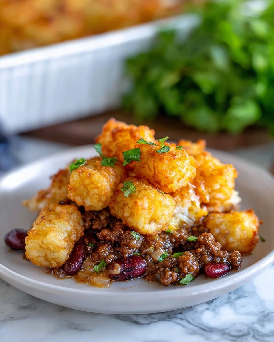 The dish shows a serving of a tater tot casserole on a white plate, layered with crispy golden brown tater tots on top, giving a crunchy texture. Below the tater tots, there is a rich layer of cooked ground beef mixed with dark red kidney beans and small bits of green herbs, adding some green color and freshness. The beef layer looks moist and well-seasoned, with a slightly shiny sauce coating it. Small pieces of cooked onions are mixed in, visible for a bit of white and translucent texture. The background shows a white marbled surface and a blurred bunch of green herbs, with part of a white casserole dish in the background. Photo taken with an iphone --ar 4:5 --v 7