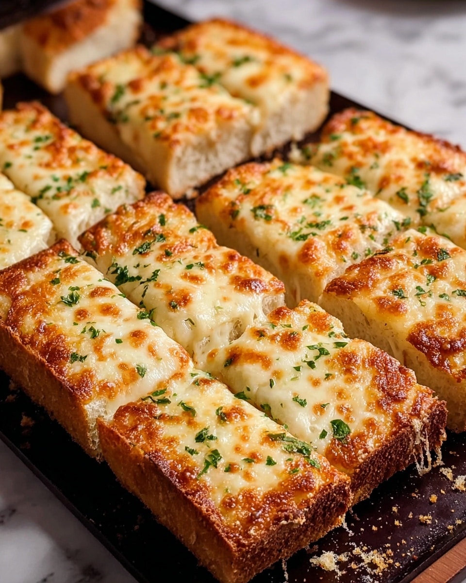The image shows a thick, rectangular bread sliced into square pieces, each topped with a thick layer of melted cheese that is golden brown in spots and sprinkled with small green herb bits, likely parsley, giving it a fresh look. The bread base is fluffy and light brown with a crispy crust, with the cheese layer slightly bubbly and glossy, covering the whole top surface. The slices are arranged tightly side by side on a dark baking tray, with crumbs and herbs scattered around the edges. The photo is taken on a white marbled surface. photo taken with an iphone --ar 4:5 --v 7