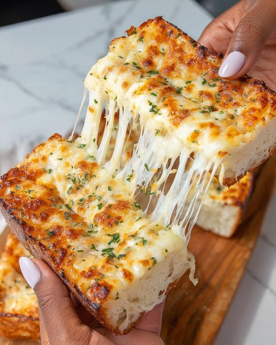 Two thick slices of cheese bread are pulled apart by two woman's hands, showing long stretches of melted, gooey white cheese. The top layer is golden brown with some darker toasted spots and sprinkled green herbs. The bread base is thick with a slightly crunchy crust, light brown on the outside and soft white inside. The background is a white marbled texture with a wooden board partially visible underneath the bread. Photo taken with an iphone --ar 4:5 --v 7