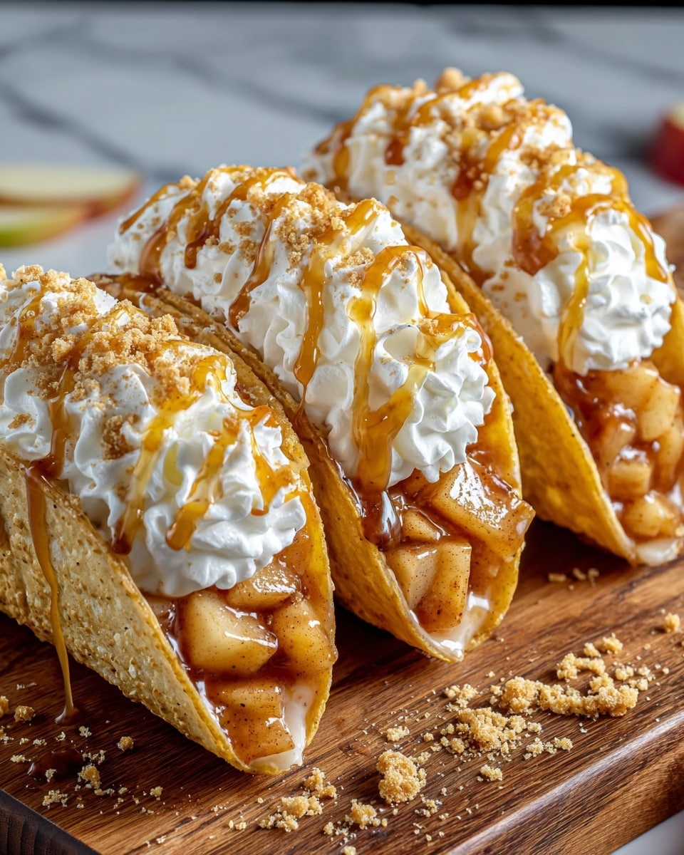 Three crispy golden-brown taco shells are filled with a warm mixture of soft, chunky apple pieces coated in a caramel-like sauce, arranged standing up side by side on a wooden board. Each taco is topped with a fluffy white whipped cream layer, drizzled with golden caramel syrup and sprinkled with light brown crumbly bits. The wooden board has scattered crumbs around the tacos and the background is a white marbled texture. photo taken with an iphone --ar 4:5 --v 7