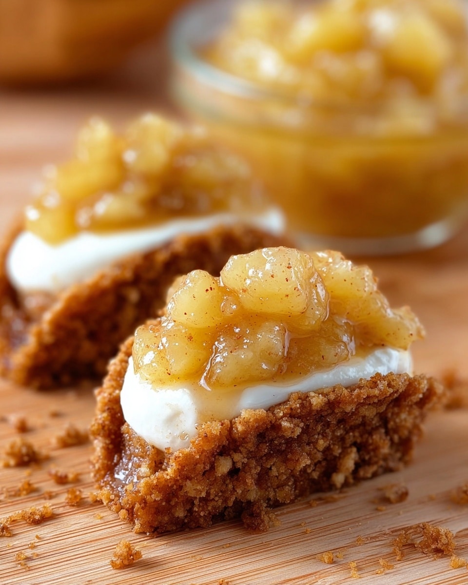 The image shows two small taco-shaped desserts placed on a wooden surface, each with three layers: the bottom and outer shell is a golden brown crumbly crust that looks crunchy, inside there is a thick white creamy filling, and atop this filling, there is a chunky, glossy light yellow topping that appears to be a cooked fruit mixture with small visible specks, possibly cinnamon. Some crumbs are scattered around on the surface, and in the blurry background, there is a small clear bowl filled with the same yellow topping. Photo taken with an iphone --ar 4:5 --v 7