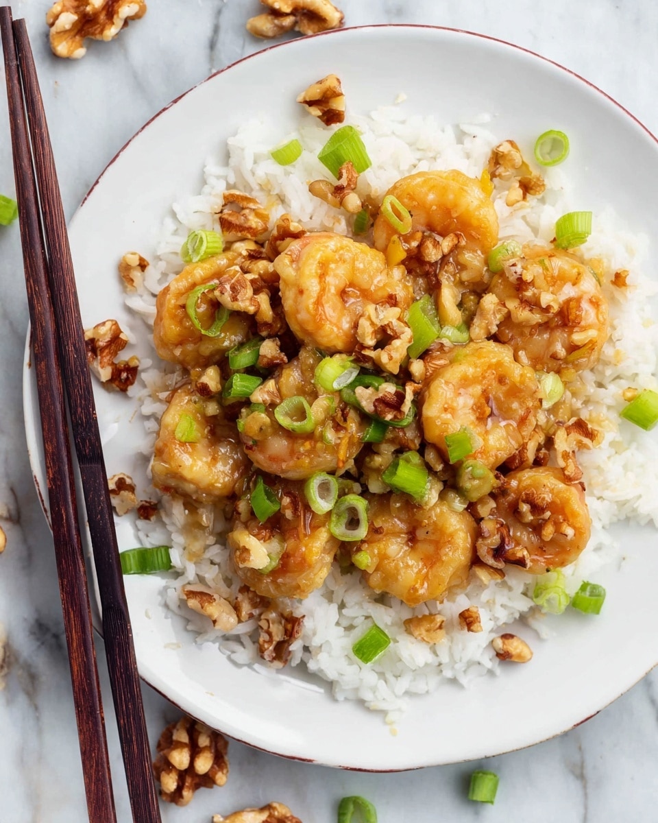 A white plate holds a base layer of fluffy white rice spread evenly in a circular shape. On top, there is a layer of golden-brown shrimp coated in a light, glossy sauce giving them a shiny texture. Scattered over the shrimp and rice are chopped green onions, adding bright green pops of color, alongside pieces of crunchy walnut halves that bring a rough texture contrast. The plate sits on a white marbled surface, with a pair of dark wooden chopsticks resting on the plate’s edge. A few extra walnut pieces and green onions are loosely placed around the plate for added detail. Photo taken with an iphone --ar 4:5 --v 7