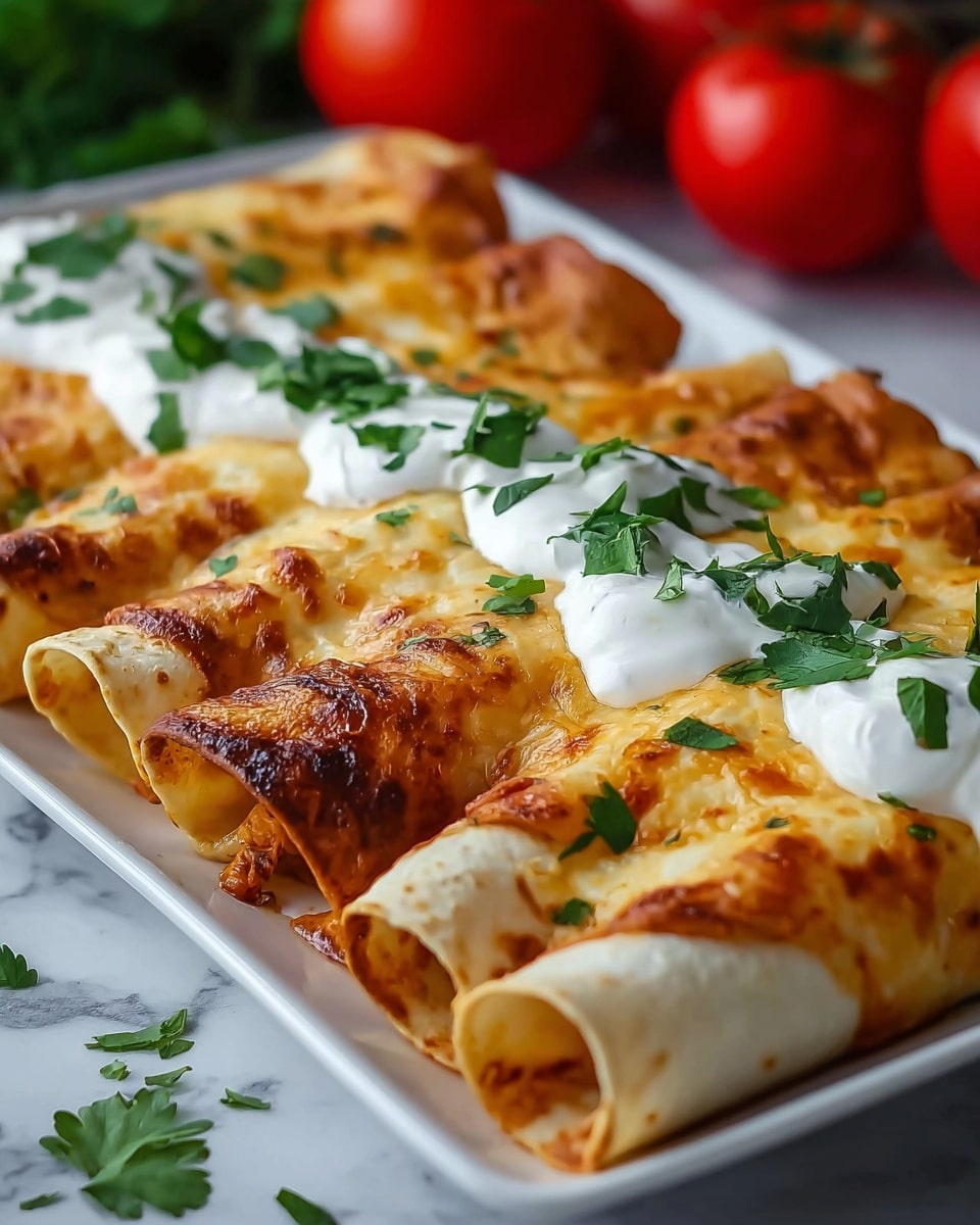 Three rolled tortillas filled with shredded chicken are placed side by side on a white plate. The tortillas are golden brown with a soft texture. They are covered with thick white sauce that slightly drips down the sides. On top, small pieces of diced red tomatoes and green chopped herbs are scattered evenly, adding bright colors. The plate is set on a white marbled surface. photo taken with an iphone --ar 4:5 --v 7