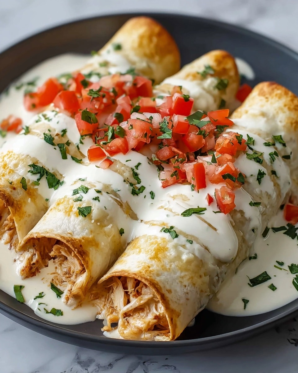 The image shows five rolled enchiladas lined up on a white rectangular plate, each covered with a layer of melted golden brown cheese. On top of the cheese, there are small dollops of white sour cream placed along the enchiladas, sprinkled with fresh green cilantro leaves. The enchiladas have a soft, slightly browned texture on the edges where the cheese has melted and baked. In the background, blurred red tomatoes add a bright contrast, all set on a white marbled surface. photo taken with an iphone --ar 4:5 --v 7
