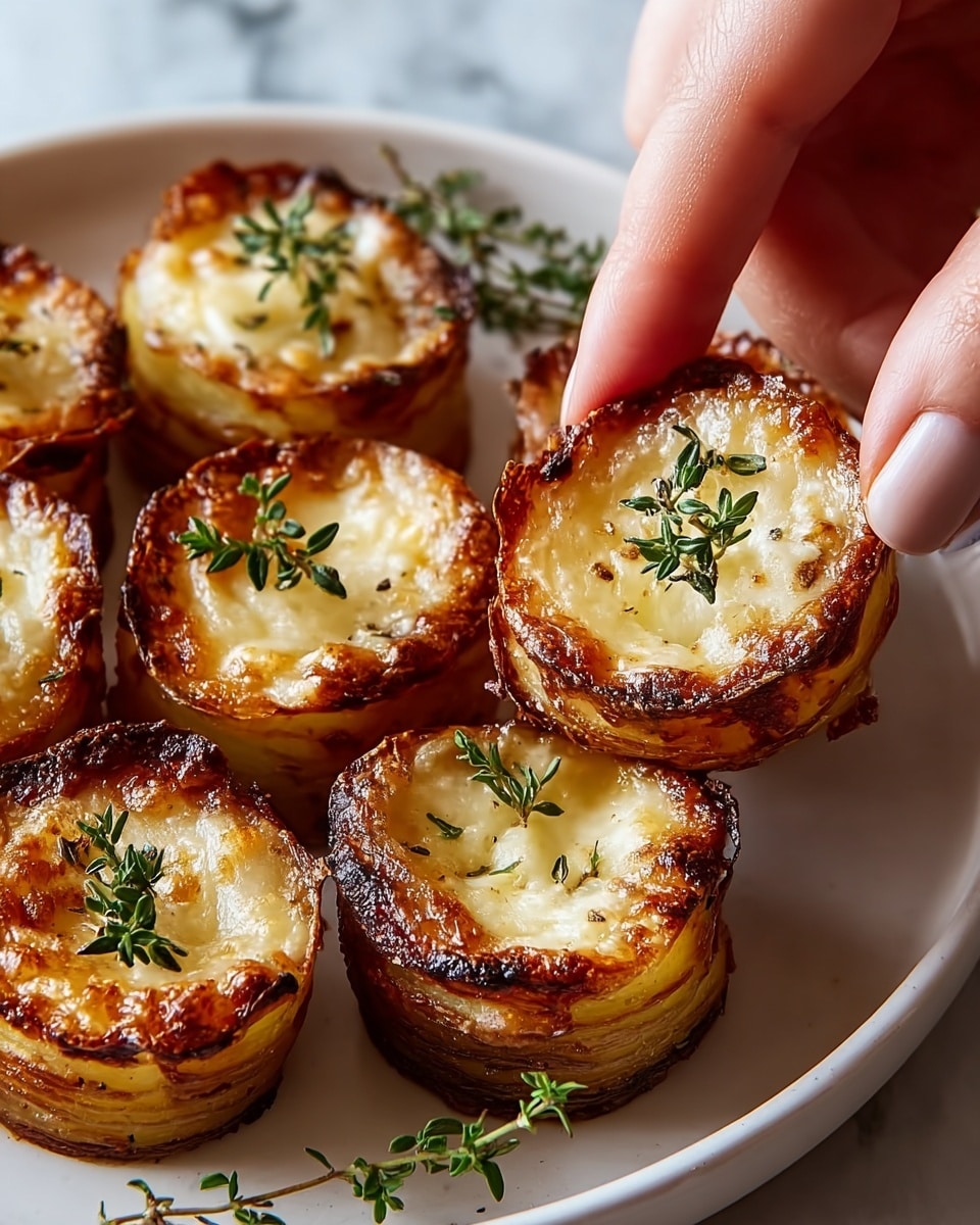 The image shows a white plate with six golden brown, crispy potato stacks, each about two layers thick. The outer layer is a dark golden, crispy potato crust wrapping tightly around a soft, creamy, pale yellow cheesy center. Each stack is topped with small green sprigs of fresh thyme, adding a touch of color and freshness. A woman's hand is gently picking up one potato stack from the plate. The background features a white marbled texture. photo taken with an iphone --ar 4:5 --v 7