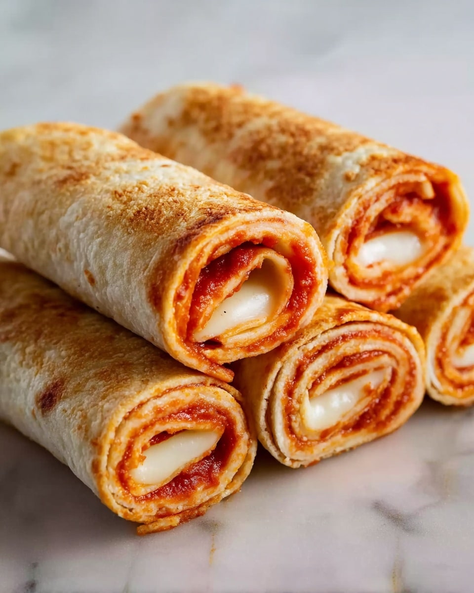 The image shows five rolled tortillas placed closely together on a white marbled surface. Each tortilla has a golden-brown toasted outer layer with a slightly crispy texture. Inside, there is a visible layer of bright red sauce, and in the center, there are thick, white pieces of melted cheese. The rolls are cut to show the layers tightly packed inside, with smooth edges and a soft, warm appearance. The arrangement creates a cozy, appetizing look with the contrast of the red sauce and white cheese inside the light brown tortilla photo taken with an iphone --ar 4:5 --v 7