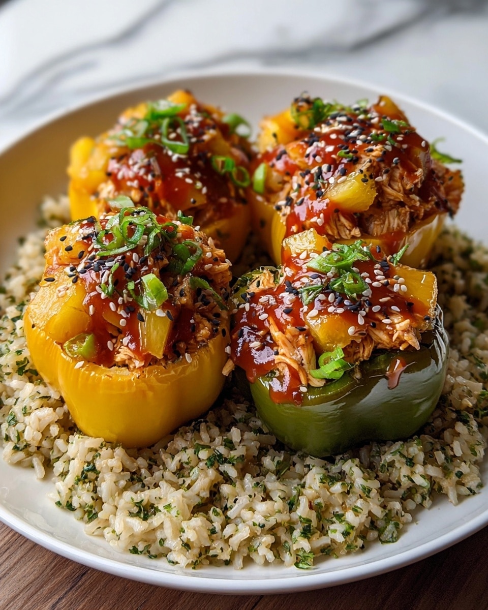 A white plate holds a bed of seasoned rice with small green herbs mixed in, over which sit four stuffed bell pepper halves, two yellow and two green, positioned closely together. Each pepper is filled with chunks of cooked chicken mixed with bright yellow pineapple pieces, topped with a glossy red-brown sauce, sprinkled with white and black sesame seeds, and garnished with finely chopped green herbs and sliced green onion. The texture contrasts with the smooth, slightly wrinkled skin of the peppers and the fluffy grains of rice, all set against a white marbled texture. Photo taken with an iphone --ar 4:5 --v 7
