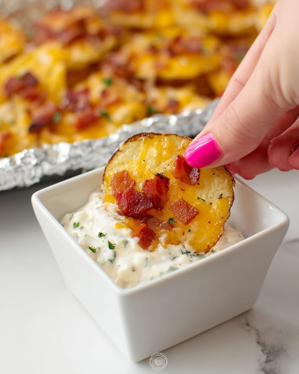 A close-up image shows a woman's hand with bright pink nail polish dipping a round, golden baked potato chip topped with melted yellow cheese and small crispy red bacon bits into a white square bowl filled with creamy white dip speckled with green herbs. The scene is set on a white marbled surface with a foil-lined tray slightly blurred in the background. The textures highlight the chip’s crispy edges, the gooey melted cheese, and smooth creamy dip. Photo taken with an iphone --ar 4:5 --v 7
