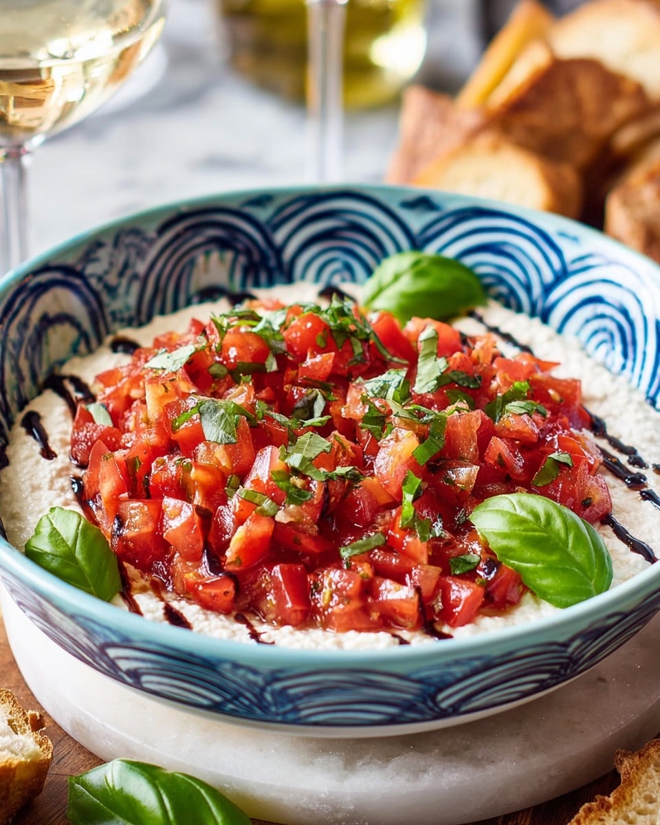 The dish is served in a white bowl with blue wavy patterns around the edge. It has two clear layers: a creamy white base spread evenly across the bottom and a thick, fresh topping of small, red tomato cubes mixed with green chopped herbs and little bits of garlic, scattered generously over the top. Dark balsamic glaze lines are drizzled on the tomato layer, adding contrast. Fresh green basil leaves are placed on and around the tomato topping as decoration. The bowl sits on a white marbled surface with visible glass of white wine and bread pieces blurred in the background. photo taken with an iphone --ar 4:5 --v 7