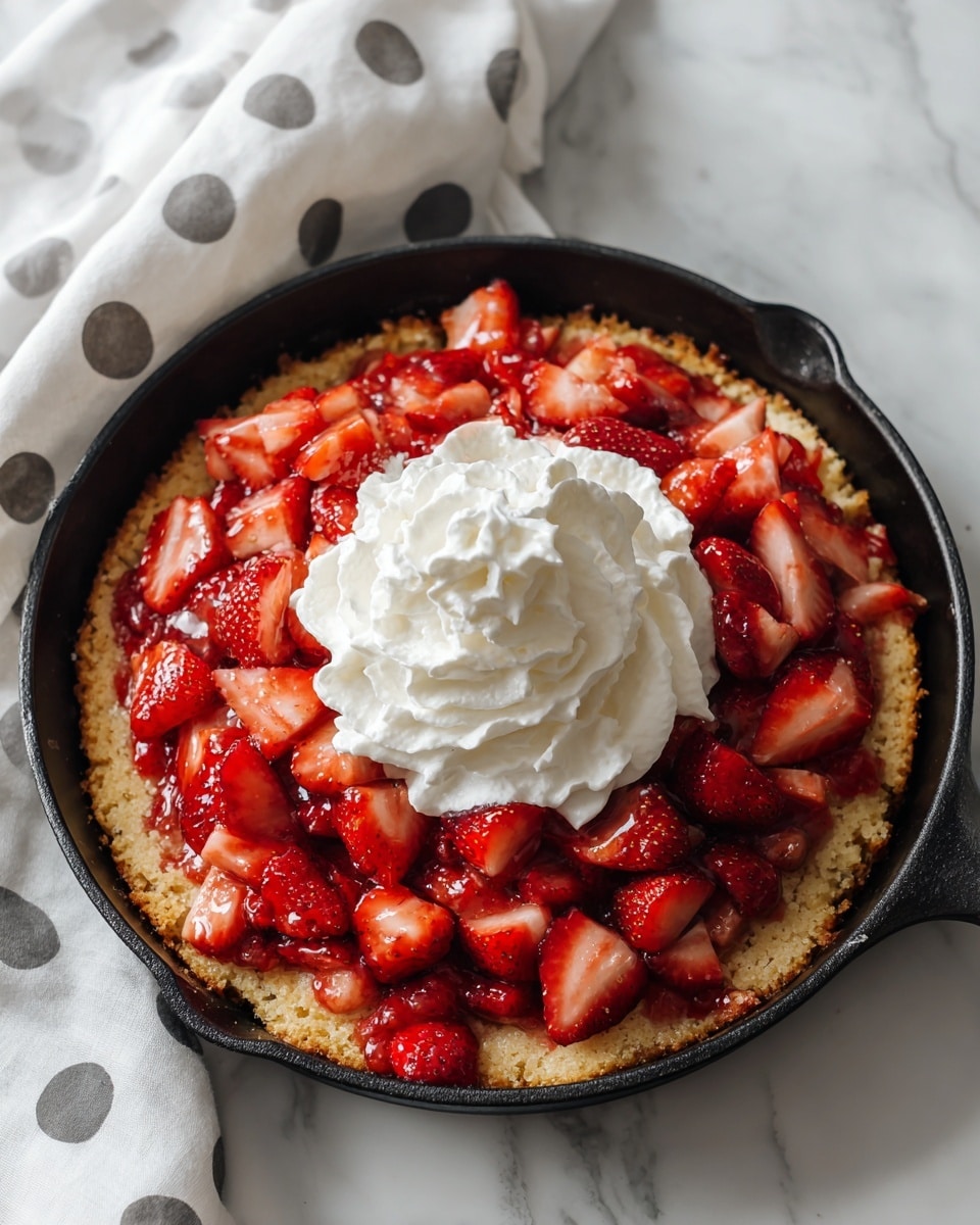 A round black skillet holds a dessert with three visible layers. The bottom layer is a golden-brown baked cake or crust, uneven and rustic in texture. On top of this is a bright red layer made of chopped fresh strawberries, some sliced and others halved, spread evenly across the cake. At the center of the strawberries is a thick and fluffy white whipped cream mound, swirled neatly. The skillet rests on a white marbled surface, next to a white cloth with large gray polka dots. photo taken with an iphone --ar 4:5 --v 7