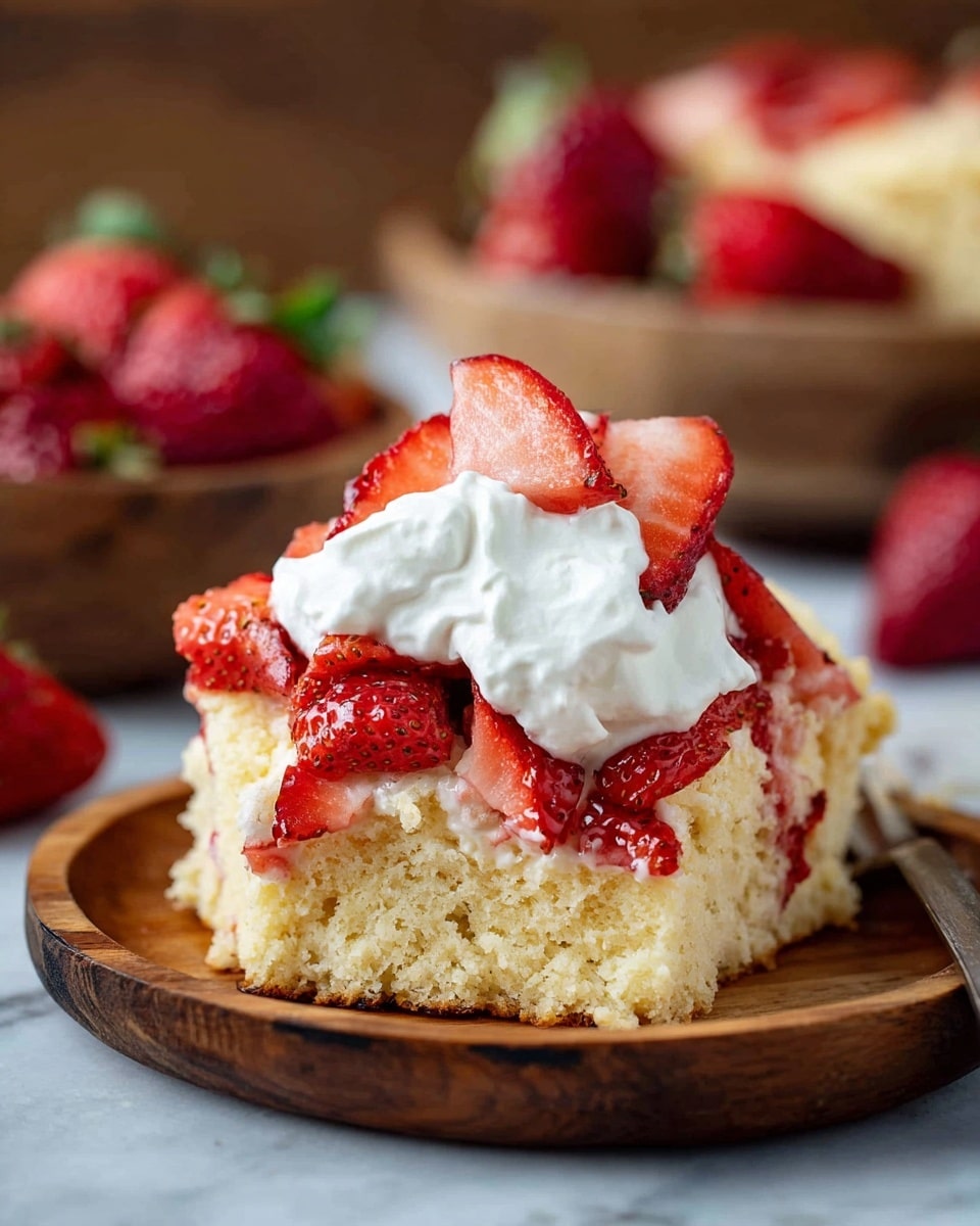 A wooden plate holds a single serving of a three-layer dessert: the bottom layer is a light, crumbly yellow cake with some visible strawberry pieces baked inside; the middle layer is made up of bright red, fresh strawberry slices arranged over the cake; the top layer is a dollop of whipped cream, white and fluffy, sitting beside more fresh strawberry slices piled on top. The background shows blurred bowls and whole strawberries sitting on a wooden surface replaced with a white marbled texture. photo taken with an iphone --ar 4:5 --v 7
