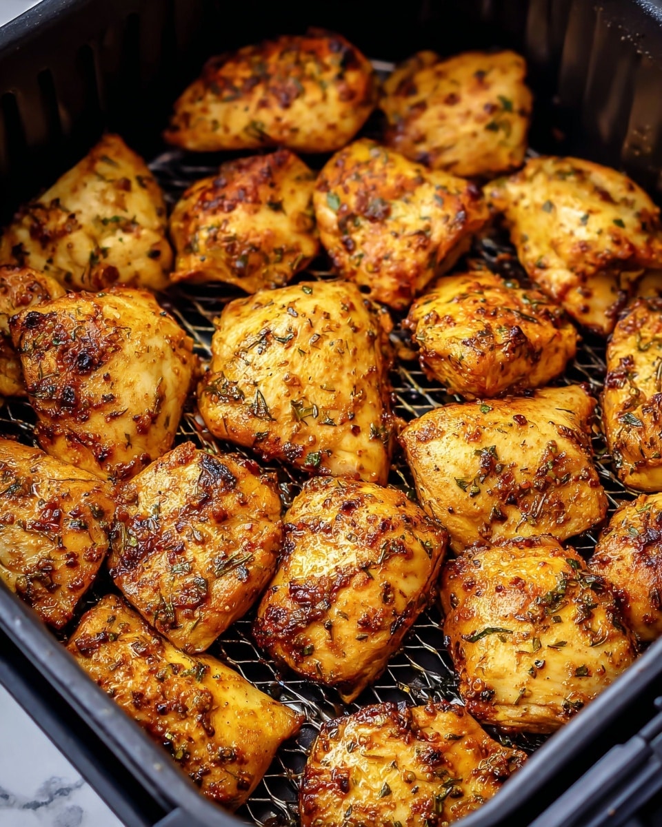 The image shows many pieces of golden brown chicken with visible herbs and spices all over them, placed closely together inside a black air fryer basket with a mesh bottom. The chicken pieces have a slightly crispy texture with some charred spots and a glossy finish from the seasoning oil. The basket's black edges frame the chicken, giving a clear view of the seasoned, cooked chunks. The background is a white marbled texture. photo taken with an iphone --ar 4:5 --v 7