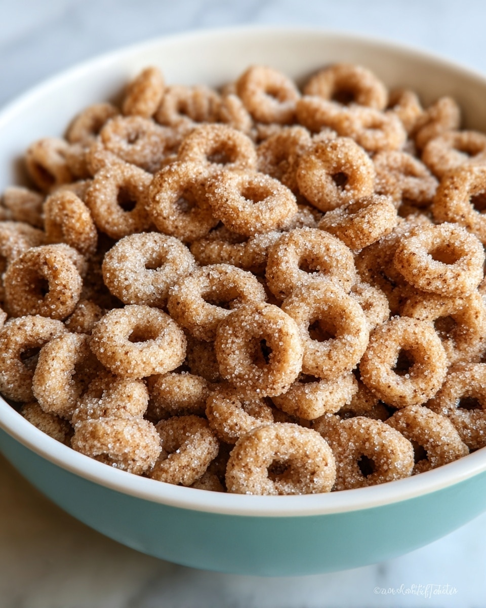 A close-up view of a white bowl filled to the top with small, ring-shaped cereal pieces that are light brown with a rough texture, coated with a light layer of white sugar crystals and cinnamon powder scattered evenly on the cereal rings. The bowl sits on a white marbled surface with natural lighting highlighting the sugar granules and the slight curve of each cereal piece. photo taken with an iphone --ar 4:5 --v 7