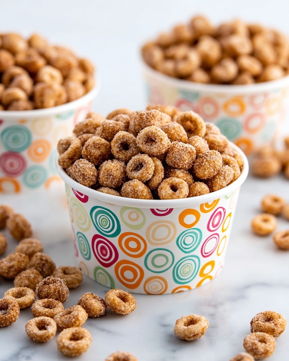 The image shows three white paper bowls with colorful circle patterns, filled to the top with small, round cereal pieces coated in a cinnamon sugar mixture. The cereal pieces are light brown with darker brown specks of cinnamon, and the sugar crystals give a slightly grainy texture. Some cereal pieces spill around the bowls on a white marbled surface, creating a casual, inviting look. The focus is on the middle bowl, which is full and slightly overflowing. Photo taken with an iphone --ar 4:5 --v 7