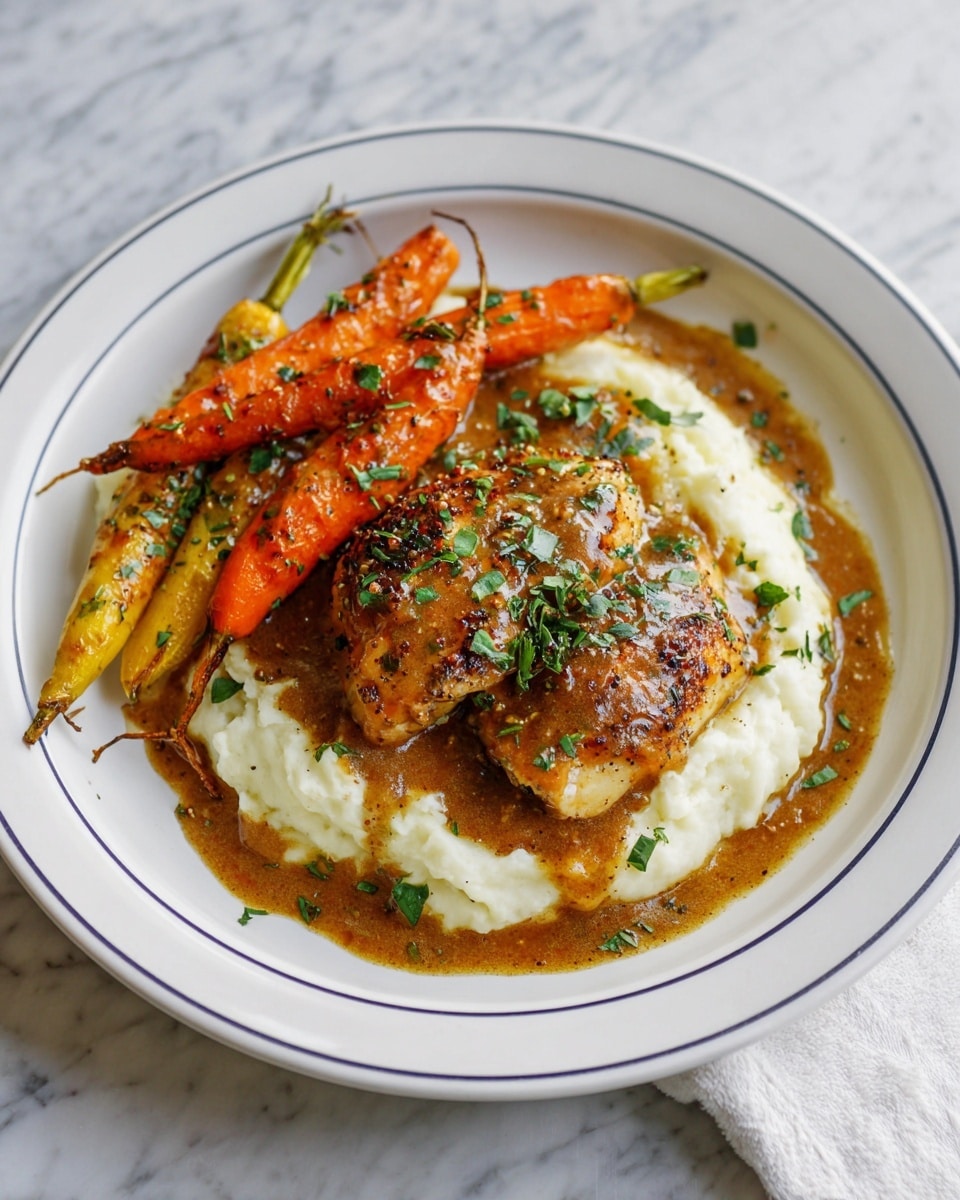 A white plate with a thin navy blue rim holds a dish with three main layers: the bottom layer is smooth white mashed potatoes, topped with two golden-brown pan-seared chicken pieces covered in a thick brown sauce with visible bits of seasoning. On top and to the side of the chicken are roasted carrots, some orange and one yellow, slightly charred and glossy, scattered with chopped green herbs that are also sprinkled over the entire dish. The plate sits on a white marbled surface. photo taken with an iphone --ar 4:5 --v 7
