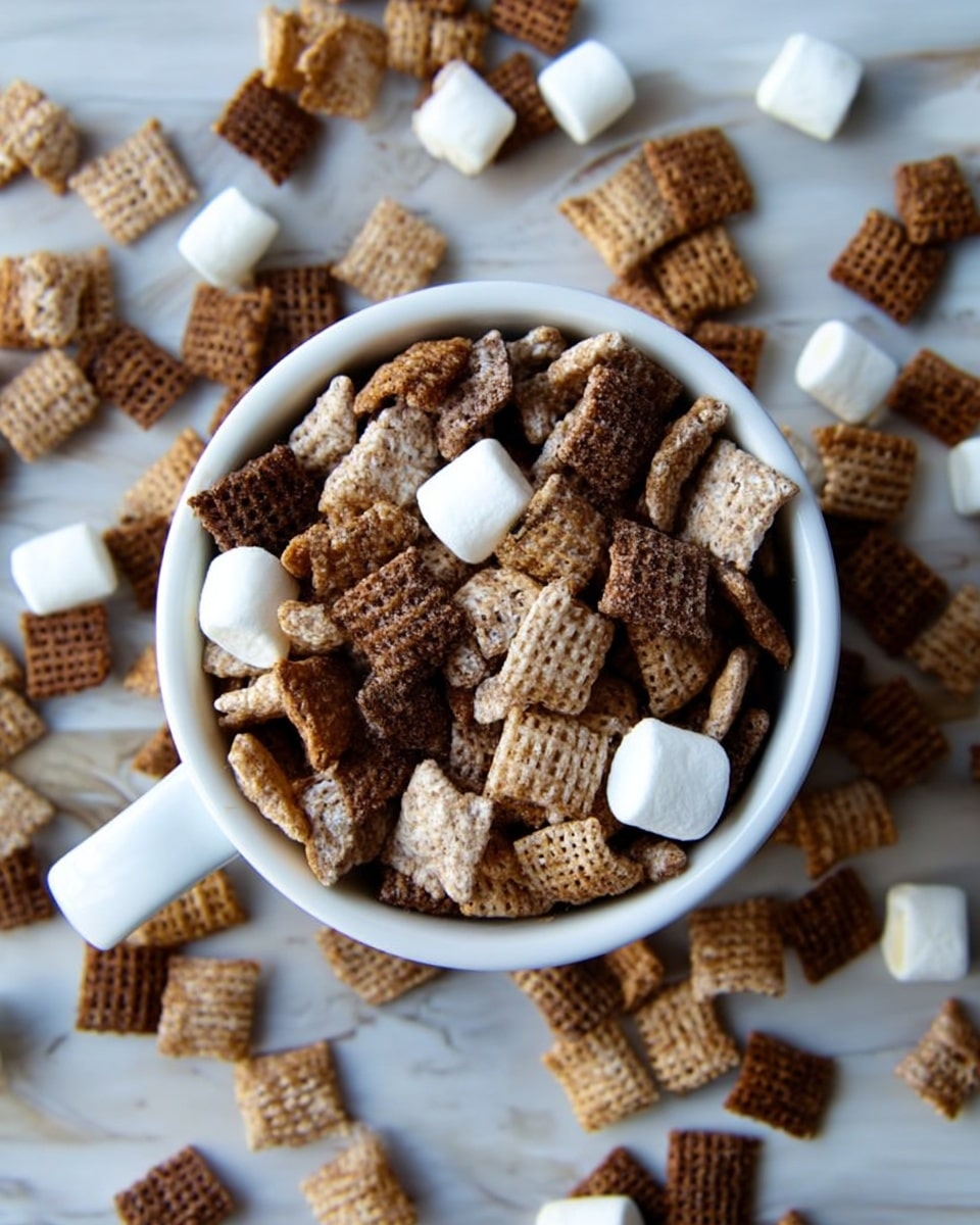 A white cup filled with a mix of square-shaped cereal pieces in light brown and dark brown colors, combined with small white marshmallows scattered throughout. The cereal pieces have a rough, waffle-like texture, and the marshmallows have a soft, smooth surface. Some cereal and marshmallows spill outside the cup onto a white marbled textured background, creating a casual and inviting look. Photo taken with an iphone --ar 4:5 --v 7