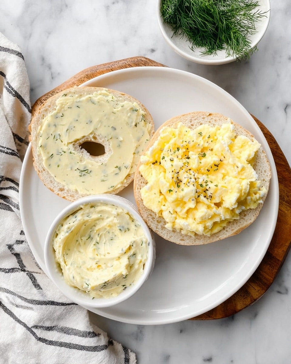 A white bagel cut in half is placed on a white plate with a wooden base on a white marbled texture. The top half of the bagel has a thick layer of creamy yellow spread with green herb specks, showing a smooth texture. The bottom half has a fluffy scrambled egg layer that is yellow with some white parts, soft and slightly uneven, covering the whole surface of the bagel. Next to the plate, there is a small white bowl filled with the same creamy spread seen on the bagel, slightly textured with visible herb pieces. A white cloth with black stripes and a small white bowl with fresh dill sprigs are in the background. photo taken with an iphone --ar 4:5 --v 7