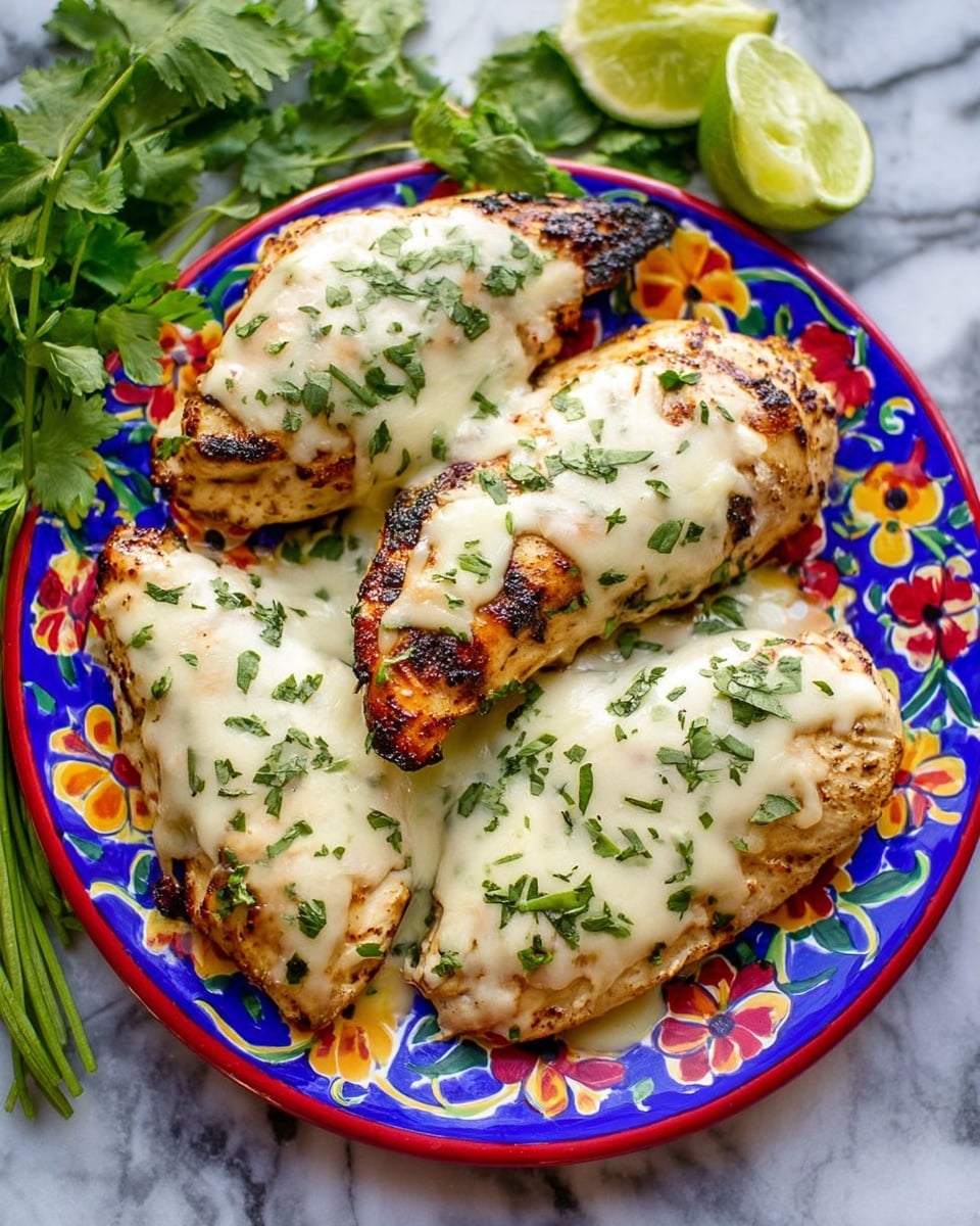 Four pieces of grilled chicken breast covered with melted white cheese and sprinkled with chopped green herbs are arranged on a colorful floral patterned plate. The chicken has a golden brown charred texture visible under the cheese. The plate is surrounded by sprigs of fresh green cilantro and lime halves on a white marbled surface. photo taken with an iphone --ar 4:5 --v 7
