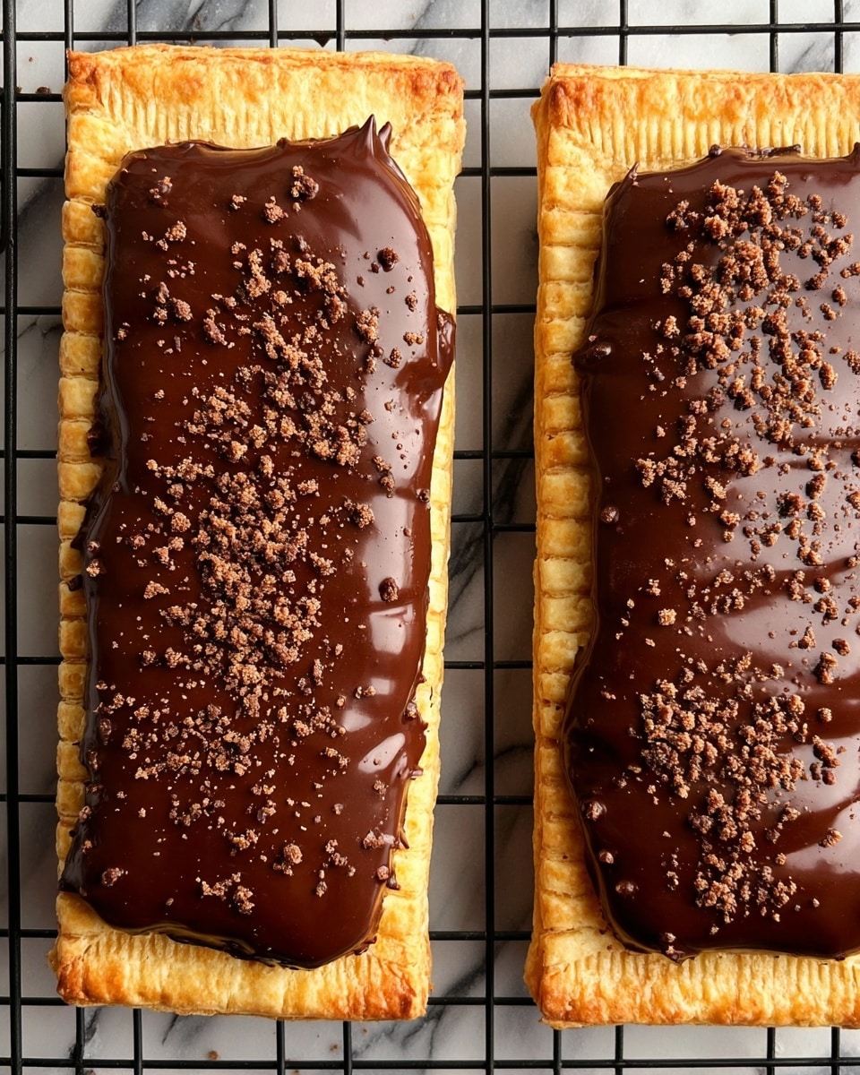 Two rectangular pastries lie side by side on a black metal cooling rack, placed over a white marbled surface. Each pastry has a light golden, flaky crust with visible fork marks along the edges, creating a slightly raised border. On top of each pastry is a thick layer of shiny dark chocolate glaze, spread unevenly but fully covering the center. The chocolate has a smooth, glossy texture with some small bumps and crumbles sprinkled generously on top, adding a rough contrast to the shiny surface. Photo taken with an iphone --ar 4:5 --v 7