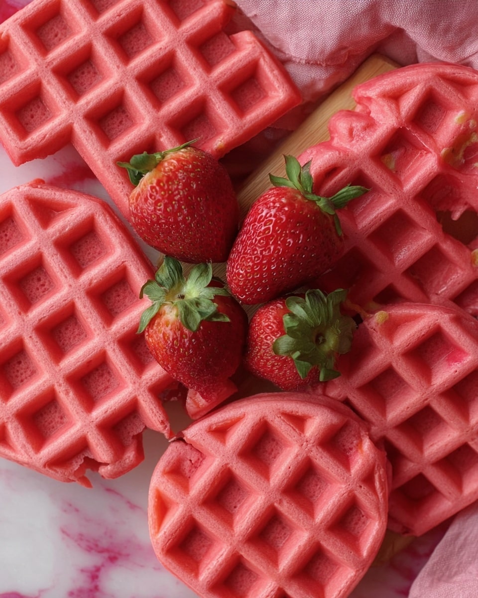 The image shows a close-up of several pink waffles arranged around a small cluster of fresh red strawberries with green leaves. The waffles have a grid pattern and some have small bites taken out of them, revealing a soft and fluffy texture inside. The strawberries are smooth and shiny, positioned in the middle, adding a fresh and juicy contrast to the bright pink waffles. The background is a white marbled texture with a hint of a pink cloth beneath the waffles. Photo taken with an iphone --ar 4:5 --v 7
