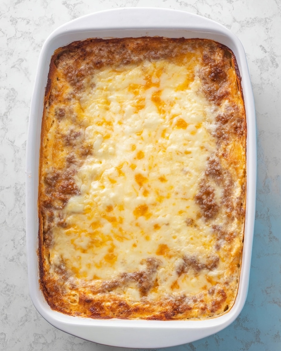 A rectangular white ceramic baking dish holds a baked casserole with about two visible layers. The bottom layer is a browned mixture with a somewhat grainy texture and soft, mottled shades of brown and orange. The top layer is melted cheese that is pale yellow and white, with some small golden spots where it has browned slightly. The edges of the casserole are darker and more cooked, curling slightly along the sides of the dish. The background is a white marbled surface. photo taken with an iphone --ar 4:5 --v 7