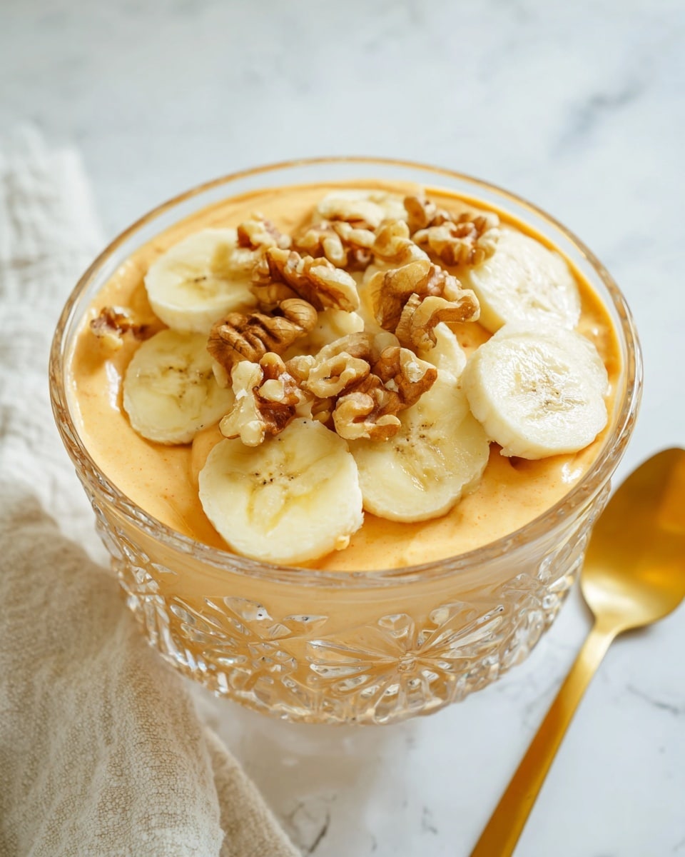A clear glass bowl with patterned details holds a smooth, light orange creamy base layer, topped with several slices of pale yellow banana spread evenly across the surface. Scattered on top of the banana slices are small, rough pieces of light brown walnuts, adding texture and color contrast. The bowl is placed on a white marbled surface with a glimpse of a light-colored cloth nearby, and a slim golden spoon is positioned on the right side of the bowl. photo taken with an iphone --ar 4:5 --v 7
