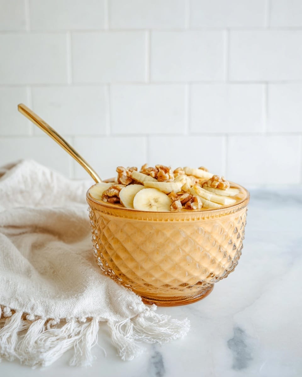 The image shows a clear textured glass bowl filled with a smooth, light orange creamy base as the first layer. On top, the second layer is made of thinly sliced, light yellow banana pieces spread evenly, mixed with unevenly chopped walnut pieces in light brown shade. A gold spoon is placed inside the bowl, resting on the edge and partly in the creamy base. The bowl sits on a white marbled surface, next to a soft white cloth with fringes, and a white tiled wall is visible in the background. Photo taken with an iphone --ar 4:5 --v 7