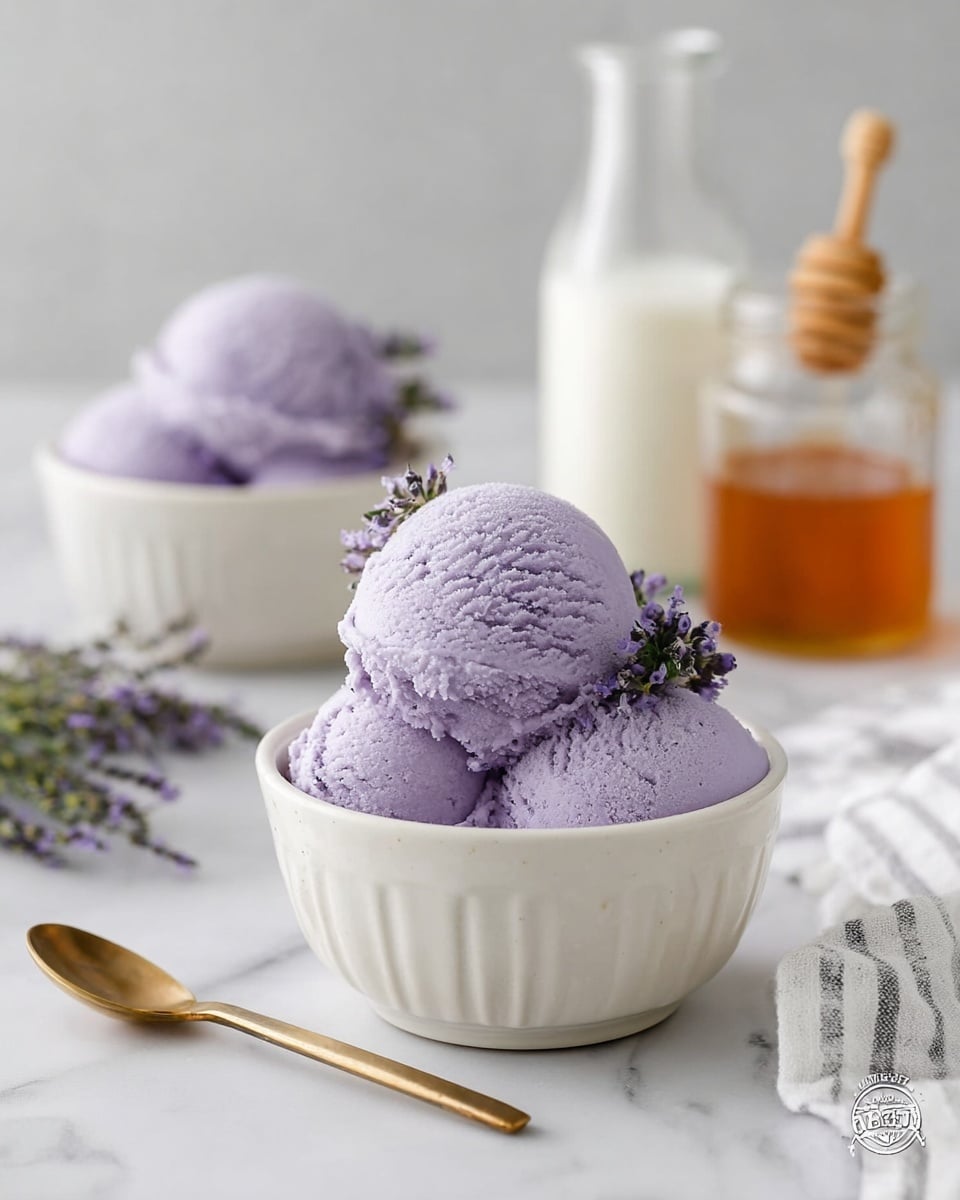 Two scoops of light purple ice cream with a soft, creamy texture are placed inside a white bowl with subtle vertical ridges. A small sprig of purple flowers garnishes the top scoop. In the background, there is a second bowl of ice cream slightly out of focus, along with a glass jar of honey with a wooden dipper and a glass bottle of milk, all set on a white marbled surface. A gold-colored spoon lies in front of the bowl, and a striped white cloth is partially visible on the right side. Photo taken with an iphone --ar 4:5 --v 7