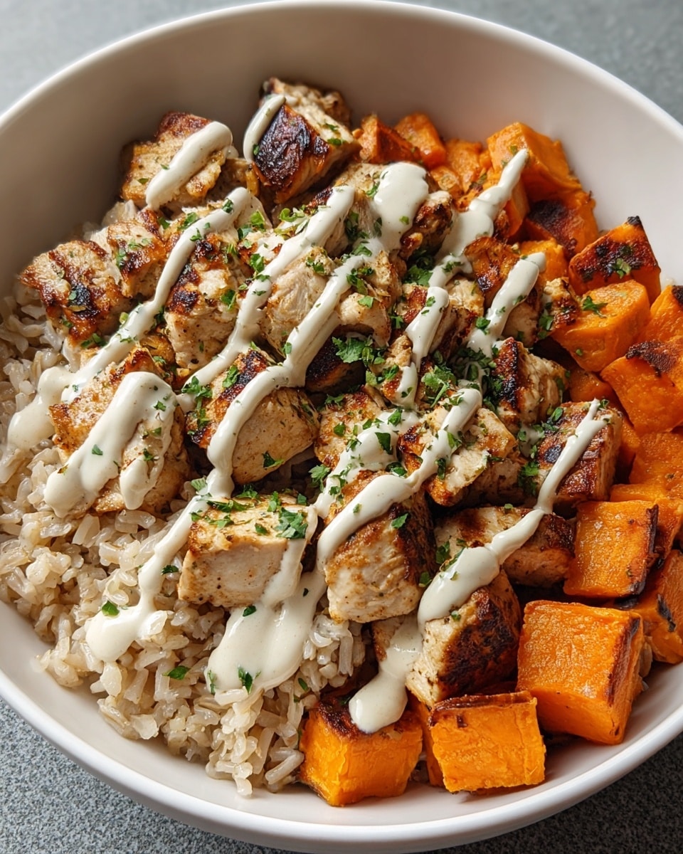 A white bowl contains three main layers arranged in sections: the bottom layer is light brown cooked rice with a slightly sticky texture, the right side has bright orange roasted sweet potato chunks with a caramelized surface, and the center is filled with golden-browned grilled chicken pieces, showing a slightly crispy outside. On top of all the ingredients, a creamy white sauce is drizzled in thin lines, and small green chopped herbs are sprinkled evenly over the chicken and sweet potatoes for a fresh contrast. Photo taken with an iphone --ar 4:5 --v 7
