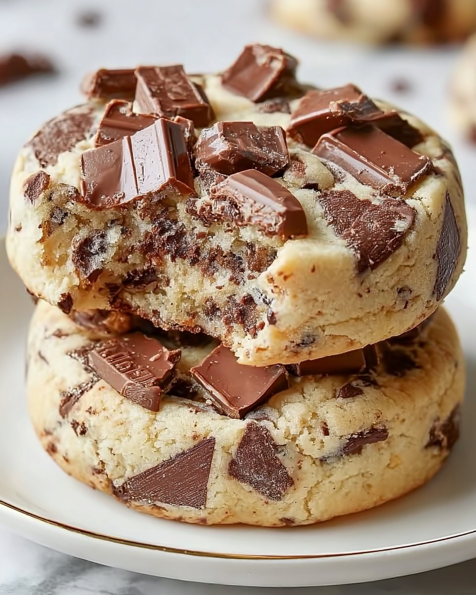 The image shows two thick cookies stacked on top of each other resting on a white plate with a faint gold rim, placed on a white marbled surface. Each cookie has a soft, golden-beige dough base speckled with large chunks of milk and dark chocolate, creating a rough texture. The top cookie is covered unevenly with shiny, broken pieces of milk chocolate that stand out against the soft dough base. The side of each cookie reveals a dense, chewy interior filled with chocolate pieces, contrasting with the smooth edges and bottom crust. Photo taken with an iphone --ar 4:5 --v 7