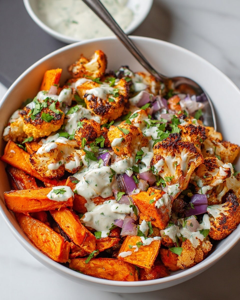 A white bowl filled with several layers beginning with a base of orange roasted sweet potato wedges. On top of that, there are golden brown, crispy roasted cauliflower pieces showing some charred edges. Scattered among the vegetables are small pieces of purple-red onion and chopped green herbs. The whole dish is generously drizzled with a creamy white sauce that has visible green specks, adding texture and freshness to the plate. A metal spoon is resting inside the bowl, and the bowl sits on a white marbled surface. photo taken with an iphone --ar 4:5 --v 7