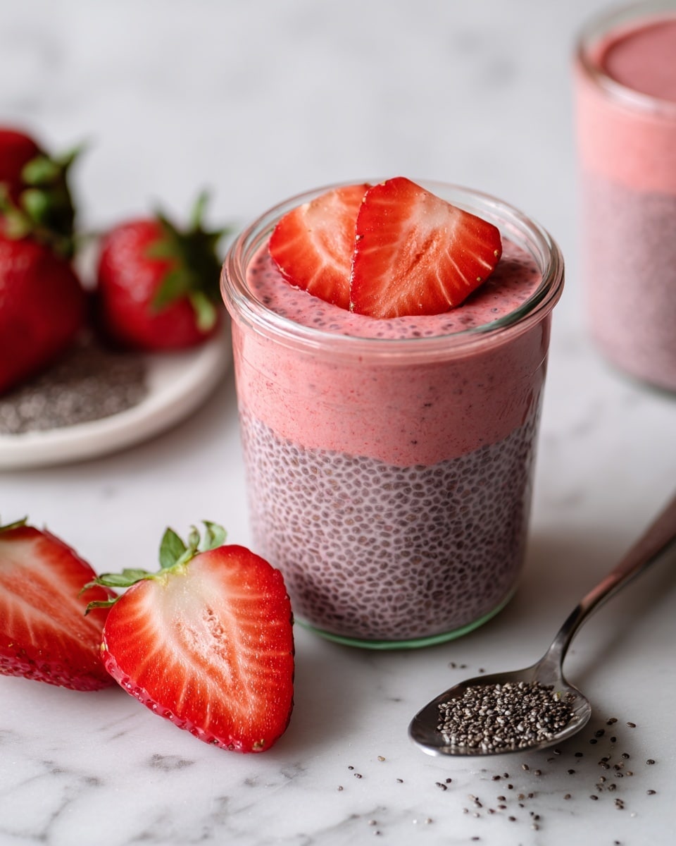 A clear glass jar filled with three visible layers: the bottom and middle layer are a pink creamy chia seed pudding with visible small black chia seeds spread evenly in a gel-like texture, and the top layer is a deeper pink creamy surface topped with two fresh red strawberry halves placed neatly in the center. Around the jar on a white marbled surface lie three bright red strawberries, two cut in halves showing their juicy seeds and white inner flesh near the green leaves, and one whole strawberry in the background. A silver spoon lies on the surface next to some scattered black and white chia seeds. In the background, another identical jar of the same pink chia pudding is partially visible. photo taken with an iphone --ar 4:5 --v 7