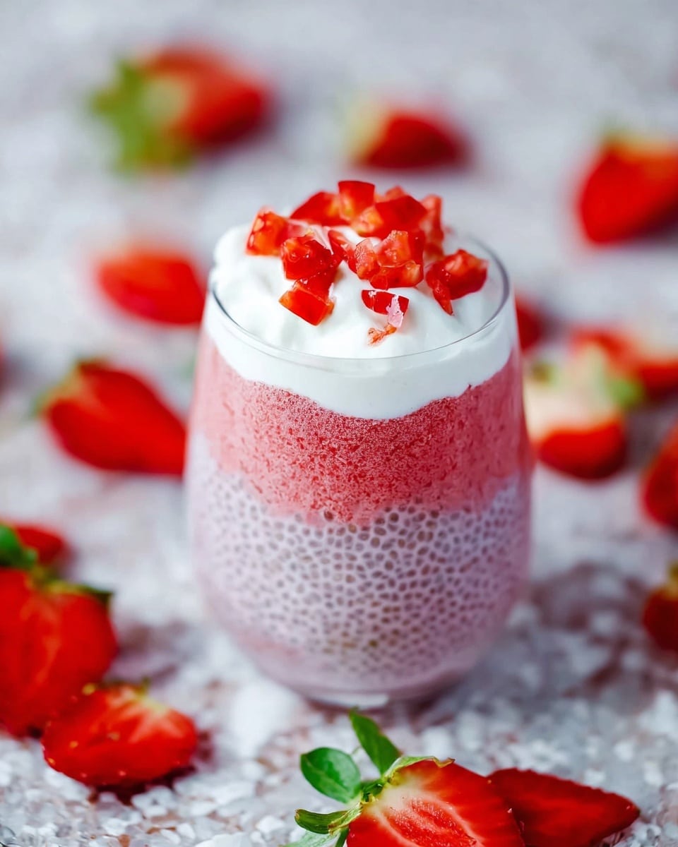 A clear glass filled with three layers: the bottom and main layer is pink chia pudding with visible chia seeds giving a textured look, the middle layer slightly mixed as the pudding reaches near the top, topped with a dollop of white whipped cream and small pieces of bright red fresh strawberries scattered on the cream and pudding edges. The glass sits on a white marbled surface with scattered fresh strawberry slices and green leafy tops around it. Photo taken with an iphone --ar 4:5 --v 7
