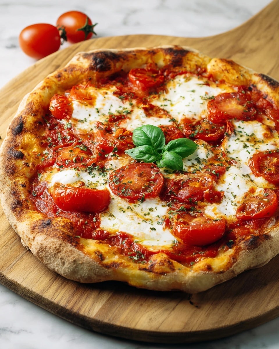 A freshly baked pizza rests on a light wooden pizza peel, set against a white marbled texture. The pizza has a golden-brown crust with some charred spots, thick and puffy around the edges. The first layer consists of rich red tomato sauce spread evenly over the dough. On top of the sauce, there are slices of fresh bright red tomatoes arranged across the surface. Soft white mozzarella cheese is placed in irregular patches, melting slightly and blending with the tomato slices. A sprinkle of dried herbs is scattered over the top, and a small green basil sprig sits in the center for garnish. Photo taken with an iphone --ar 4:5 --v 7