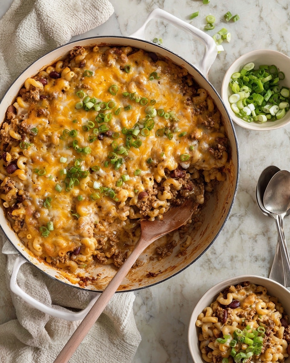 A large white pan filled with a cheesy pasta bake shows two layers: the bottom layer is a mix of elbow macaroni, ground meat, and kidney beans in a creamy sauce with a soft texture and light brown color, while the top layer is melted cheddar and mozzarella cheese, golden and bubbly, sprinkled with fresh green chopped scallions. A wooden spoon rests inside the pan where a portion has been scooped out, revealing the layers clearly. Nearby, a small white bowl holds more chopped scallions, and two white bowls with more pasta bake sit on a white marbled surface with a light cloth beside the pan. Two metal spoons lie next to the pan handle. Photo taken with an iphone --ar 4:5 --v 7