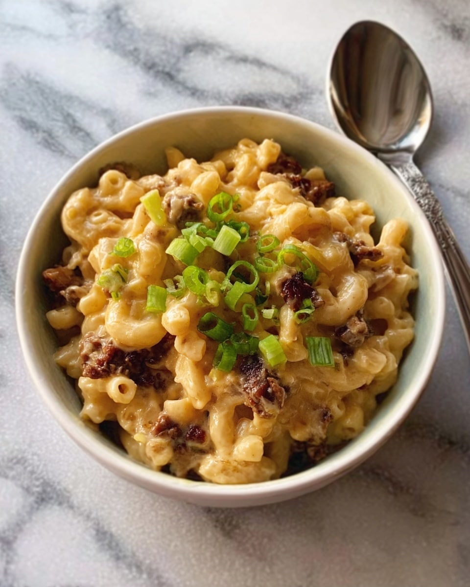 A white bowl filled with creamy macaroni and cheese mixed with small pieces of dark brown meat and garnished with chopped green onions on top. A large metal spoon rests beside the bowl on a white marbled surface. Photo taken with an iphone --ar 4:5 --v 7