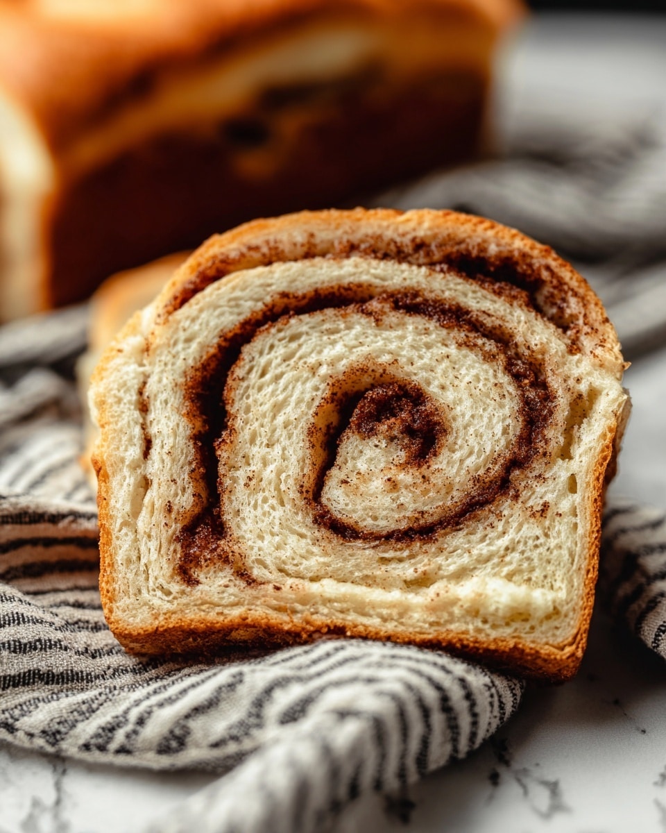 The image shows a close-up of a cinnamon swirl bread slice with a thick, soft texture and light golden-brown edges. The bread has multiple layers, with the outermost layer being light tan and fluffy, and the inner layers showing a spiral of dark brown cinnamon sugar tightly rolled inside, creating a contrast with the creamy beige dough. In the background, the loaf of bread is placed on a white marbled surface with a gray and white striped cloth underneath. The focus is on the front slice, highlighting the swirl detail, while the rest of the loaf is blurred. Photo taken with an iphone --ar 4:5 --v 7