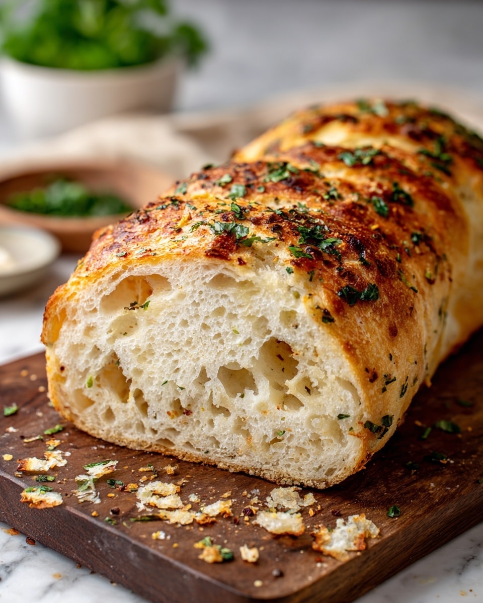 A long loaf of bread is sliced, showing a soft, airy inside with many holes. The outer crust is golden brown and shiny with herbs spread all over the top, including green leaves and small bits of seasoning. The slices are resting on a dark wooden board with some crumbs and herb bits scattered around. In the blurred background, there is a white bowl with more green herbs on a white marbled surface. photo taken with an iphone --ar 4:5 --v 7