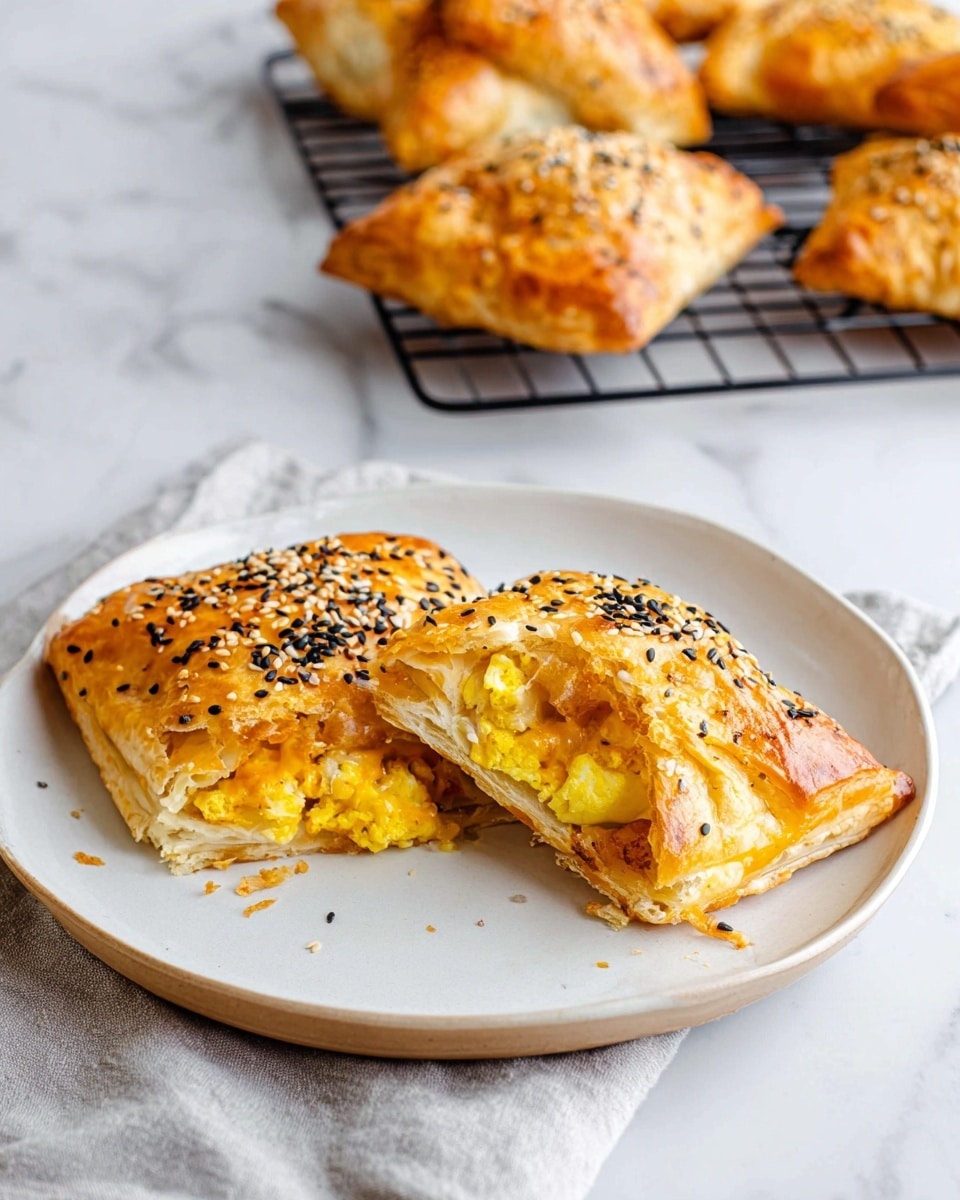 The image shows two square-shaped baked pastries on a white plate with slightly browned edges and a shiny golden-orange crust topped with black and white sesame seeds. One pastry is broken open to reveal a filling of yellow scrambled eggs and melted cheese with a soft, gooey texture inside, contrasting with the crispy outer crust. In the background, more pastries with the same golden crust and seed topping rest on a black cooling rack with a light gray cloth nearby, all set on a white marbled surface. photo taken with an iphone --ar 4:5 --v 7