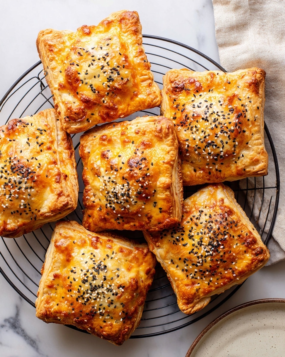 The image shows six square-shaped golden brown baked pastries with a slightly uneven surface and melted cheese patches on top, sprinkled with black and white sesame seeds. Each pastry has a crimped edge, giving a layered look of a crispy crust underneath the cheesy top. They are arranged closely together on a round black cooling rack placed on a white marbled surface. In the top right corner, a beige cloth napkin is partially visible. The bottom left corner shows the edge of a white plate. photo taken with an iphone --ar 4:5 --v 7