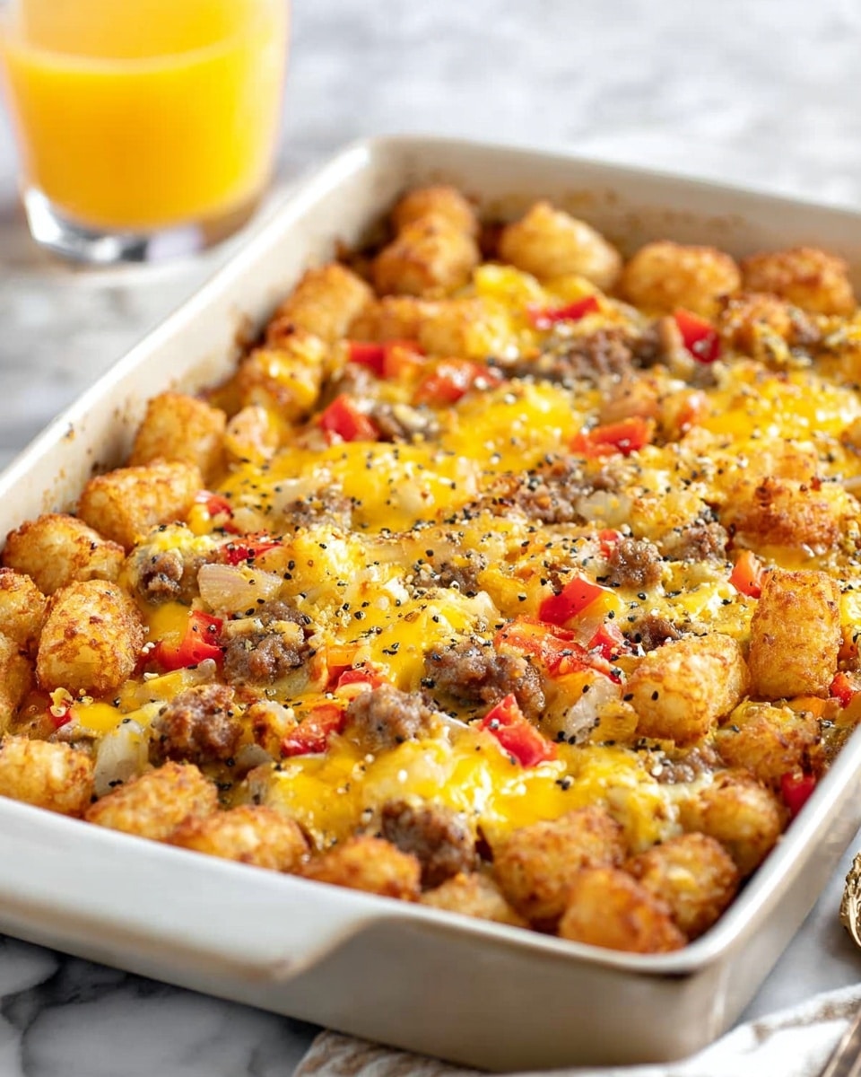 A rectangular white baking dish filled with a baked breakfast casserole that has several layers visible: the top layer has golden brown, crispy tater tots scattered evenly, with small chunks of browned sausage and melted yellow cheddar cheese. There are bits of red bell pepper pieces layered throughout, along with cooked scrambled eggs that add a soft yellow texture beneath the toppings. The entire dish is sprinkled with a mix of black and white seeds or seasoning, giving a speckled look across the surface. The photo is taken on a white marbled surface with a blurred glass of orange juice in the background. photo taken with an iphone --ar 4:5 --v 7