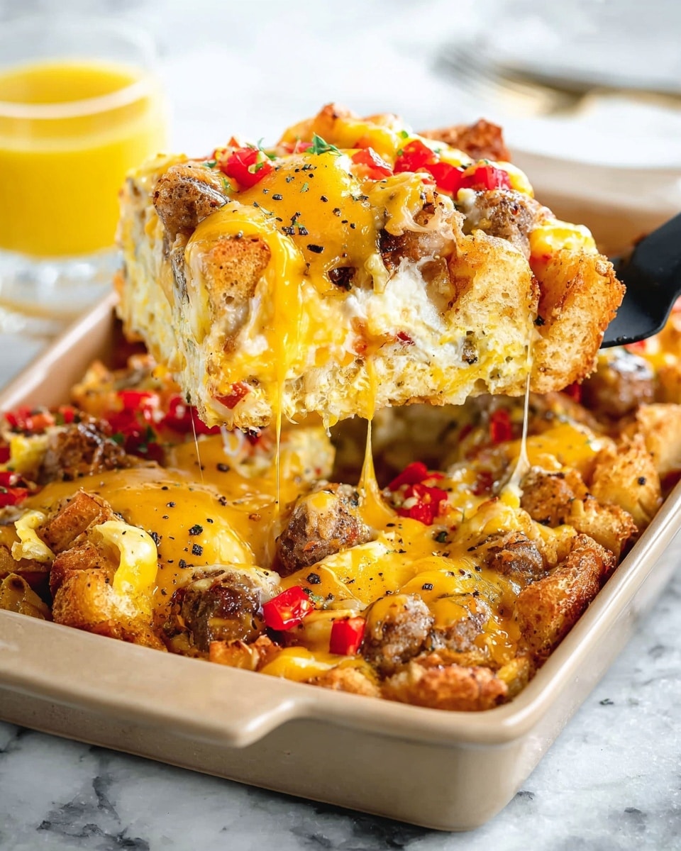 A close-up of a thick slice of breakfast casserole being lifted with a black spatula from a beige baking dish, showing multiple layers: a golden-brown crust at the bottom, a creamy white cheese layer in the middle, and a top layer covered with browned sausage pieces, crispy tater tots, red bell pepper bits, scrambled eggs, and melted yellow cheese dripping down. The casserole is sprinkled with black pepper, and in the blurred background, there is a small clear glass filled with yellow juice, all set on a white marbled surface. photo taken with an iphone --ar 4:5 --v 7