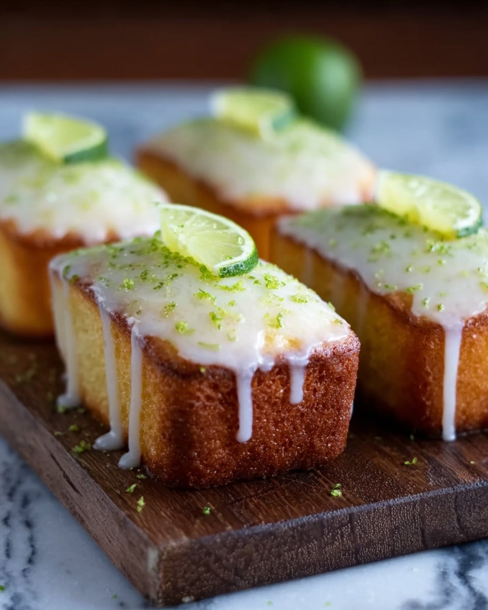 The image shows four small, rectangular lemon cakes with golden-brown sides and light yellow tops, each topped with a white glaze that drips down the sides. The glaze is sprinkled with fine green lime zest, and each cake has a small wedge of fresh lime on top. The cakes are placed on a dark wooden board with a white marbled texture visible in the background, adding contrast to the bright colors of the cakes. The close-up focus highlights the moist texture of the cakes and the glossy glaze with smooth lime zest on top. photo taken with an iphone --ar 4:5 --v 7